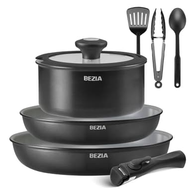 BEZIA Pfannenset mit abnehmbarem Griff, Pfannen Set mit Keramikbeschichtung, Induktions Pfannen Set 9-tlg mit Küchenutensilien, für alle Herdarten, stapelbares Design, Spülmaschinen-/Ofenfest