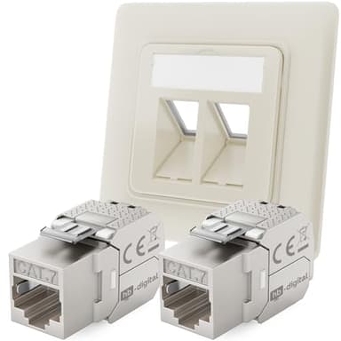 hb-digital 2-Port CAT 7 Netzwerkdose unterputz RAL9010 + 2X CAT 7 Keystone RJ45 Modul LAN Ethernet Keystone Dose Buchse Einbaubuchse für CAT 5e CAT 6 CAT 6a max. 10 Gbit/s STP - Reinweiß