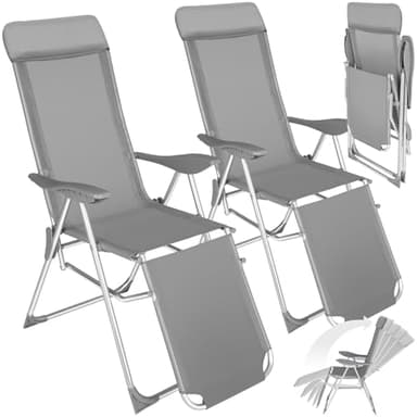 tectake® 2er Set Alu Sonnenliege Liegestuhl, Gartenstühle 5-Fach verstellbare Rückenlehne, Gartenliege mit Fußteil, leicht & klappbar, Relaxsessel mit Kopfpolster, für Camping Garten Balkon - grau