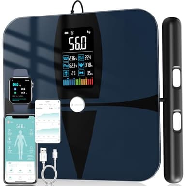 Körperfettwaage mit Handsensoren, Lepulse P1 Körperanalysewaage mit App, Waage mit Körperfett und Muskelmasse, Personenwaage mit Körperfettanalyse für 24 Nutzer, 20 Messdaten, Schwarz
