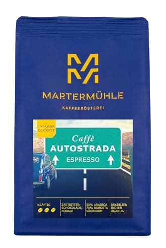 Martermühle Caffè Autostrada Espressobohnen 1kg kräftig I Arabica/Robusta I Aromen: Nougat, Zartbitterschokolade I Ganze Espresso-Bohnen schonend geröstet, säurearm