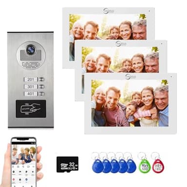 4-Wired Wohnung Video-Türklingel Sprechanlage, 2/3/4/6/8/10/12 Einheiten 7 Zoll Monitor 1080P Türsprechanlage,3 in 1 Entriegelung,Motion Detected für Villa,Tuya (1 Türklingel + 3 Monitor)