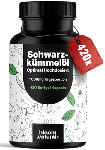 Schwarzkümmelöl Kapseln Hochdosiert – 420 Softgel Kapseln – 1.000 mg Tagesportion – Vitamin E – Produziert in Deutschland - Laborgeprüft