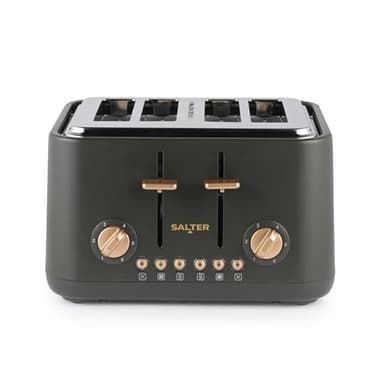 Salter Pebble 4-Scheiben-Toaster – breiten Schlitzen, 6 Bräunungsstufen, selbstzentrierende Schlitz, herausnehmbares Krümelfach, Auftauen/Wiedererhitzen/Abbrechen-Funktion, Kohlegrau/Gold, EK5823CBVDE