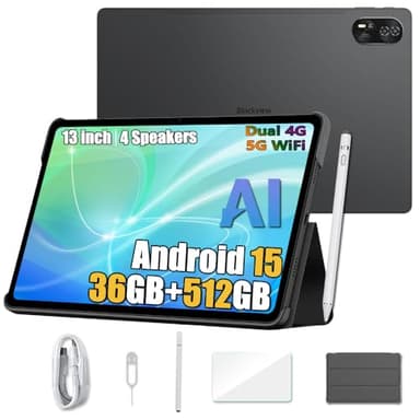 Blackview Mega 8 (2025) Android 15 Tablet 13 Zoll, 36GB+512GB+2TB Erweiterung, Quad-Box Speakers, 2K FHD+ Gaming Tablet 4G, 5G WiFi, 50MP+13MP, 11000mAh, PC Mode, Hülle + Intelligenter Stift, Schwarz