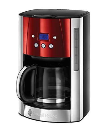Russell Hobbs Kaffeemaschine [Digitaler Timer, Brausekopf für optimale Extraktion&Aroma] Luna Rot (1 bis 12 Tassen, 1,5l Glaskanne, Warmhalteplatte, 1000W) Filterkaffeemaschine 23240-56