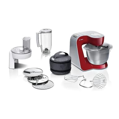 Bosch Küchenmaschine MUM5 CreationLine MUM58720,Edelstahl-Schüssel 3,9 L, Mixer 1,25 L, Planetenrührwerk,Knethaken,Schlag,Rührbesen, Durchlaufschnitzler, 3 Scheiben, 1000 W, Dunkelrot/Silber