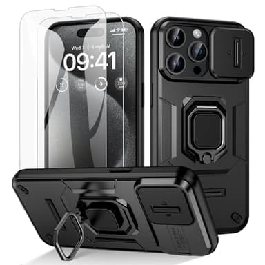 Doeshine für iPhone 15 Pro Hülle, mit 360° Ständer & Kameraschutz, Military Grade Handyhülle mit Ring Stand Multifunktion Schutzhülle Outdoor Case mit 2 Stück Schutzfolie (Schwarz)