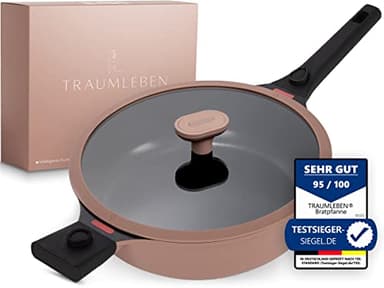 TRAUMLEBEN® Bratpfanne 28 cm mit Deckel, abnehmbaren Griffen & Hitzeindikatoren | PFOA-frei & für Induktion geeignet | Beschichtete Pfanne