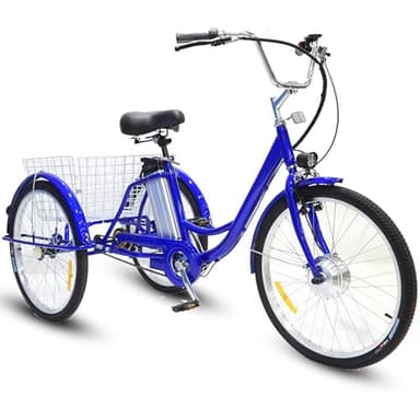 SUNBGRPYE Elektro-Dreirad FüR Erwachsene, 24-Zoll Dreiradfahrrad, Mit 350W-Motor + 36V 12Ah Akku, 35–40 Km Reichweite, 150 Kg Tragkraft, Trainings- Und Einkaufsroller FüR äLtere Menschen,Blue-Basket