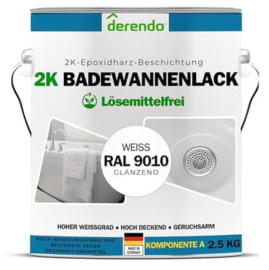 derendo 2K Badewannenlack weiß glänzend (RAL 9010) Epoxidharz mit Härter weiße Fliesenfarbe Badezimmer Fliesenlack 2K Lack Badewanne reinweiss für Innen & aussen (1, Kilogramm)