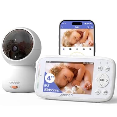 JeeBer Babyphone mit Kamera APP, 4'' IPS WLAN Video Babyfon, HDR-Nachtsicht, Bereich alarme, ohne ABO Baby Kamera, Weinen/Bewegungs/Geräusch-Erkennung, hohe Reichweite