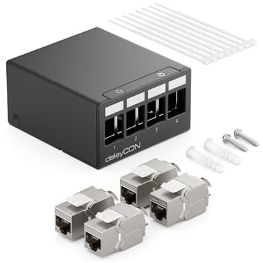 deleyCON 4 Port CAT7 Patchpanel Set mit 4x CAT.7 RJ45 Keystone Jack Modul STP 10 Gbit/s - Verteilerfeld Kompatibel mit Verlegekabel CAT6 CAT6a CAT7 CAT8 Ethernet LAN DSL Netzwerkkabel - Schwarz