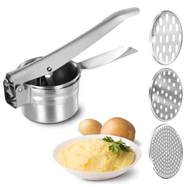 Spaghettieispresse,Manuelle Kartoffelpresse,Professionell Kartoffelstampfer aus Edelstahl mit 3 austauschbaren Scheiben,Kartoffelpresse Edelstahl für Kartoffelpüree,Babynahrung,Zitrone Auspressen