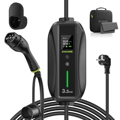 SYNCWIRE Typ 2 Ladekabel Schuko Elektroauto 7,5m Tragbare EV Charger 6/8/10/13/16A Einstellbare Strom Mobile Ladestation E Auto, LCD-Display, IP65 wasserdichte Wallbox, Kabelhalterung, Tragetasche