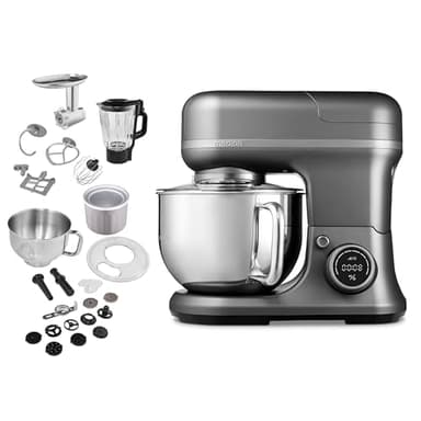 MEDION Küchenmaschine (Mixer, Fleischwolf, Eisschüssel für Zubereitung von Eis, 4 in 1, 1.200 Watt, Reiben Raspeln Schneiden, Digitales Touch Display, Knetmaschine, Teigmaschine, MD18440) Titan