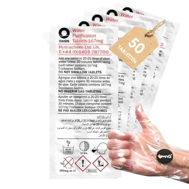 LevinQ Wasserreinigungstabletten [50Stk] *NSFgeprüft* Vorteilspack 100% keimfreies Trinkwasser 25Ltr/Tablette + Handschuhe PE | Wasserentkeimungstabletten fur Krisenvorsorge Outdoor, Notfall