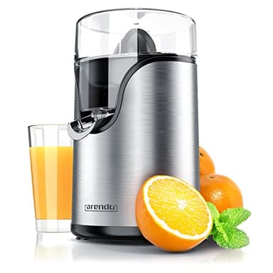 Arendo - Zitronenpresse elektrisch Edelstahl 100 Watt - Saftpresse, Orangenpresse, Limettenpresse - Start-Stopp-Automatik - großer und kleiner Presskegelaufsatz - Siebeinsatz - BPA frei