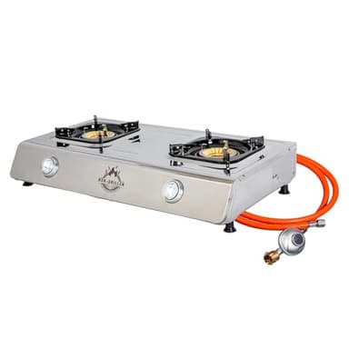 BSR-Grillen Gaskocher Edelstahl Campingkocher mit insg. 9,9 kW Leistung, Piezozündung, Zündsicherung, 150 cm Gasschlauch, Druckminderer 50 mbar, Pfannenständer aus Emaille (2-flammig)