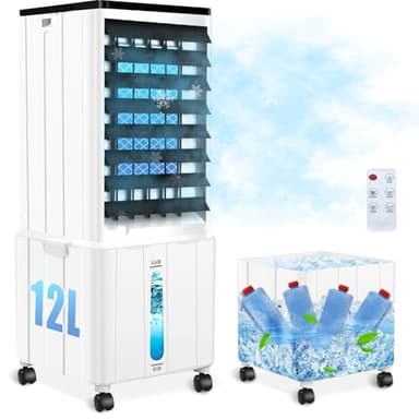 Klimaanlage ohne Abluftschlauch, 12L Klimaanlage Mobil mit 12H Timer, 3 Modus, 40dB, 60W, 120°Oszillation, Abnehmbare Wassertank, Fernbedienung, Leise Klimagerät Luftkühler für Wohnung Zimmer Räume