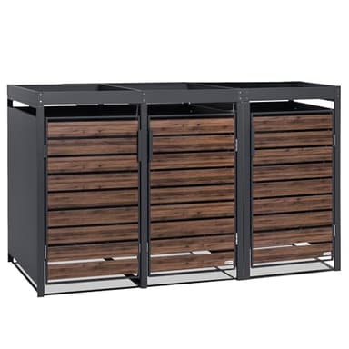 Zelsius Mülltonnenbox 3er mit Pflanzdach für 3 Tonnen | 120-240 Liter | Anthrazit RAL 7016 | Tür in dunkelbrauner Holzoptik mit Erweiterungsmöglichkeit | Mülltonnenverkleidung