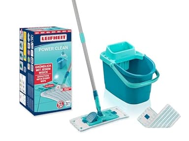 Leifheit Set POWER CLEAN, Wischer für Alle, rückenschonender Bodenwischer mit Reinigungsklingen, Wischtuchpresse, Wischmopp Set mit Eimer und 2x Mikrofaser Wischbezüge für alle Hartböden, Click-System