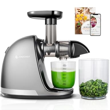 AMZCHEF Entsafter Gemüse und Obst Testsieger - Entsafter Slow Juicer mit Rückwärts-Kau-Funktion - Zartes Zerkleinern ohne Filtern - Saftpresse Elektrisch mit Bürste und 2 Tassen - Silber