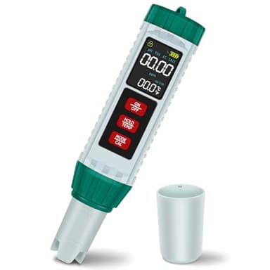 PlayDen PH Messgerät Wasser, PH/TDS/EC/Salzgehalt/Thermometer 5 in 1 pH Wert Messgerät mit LCD-Display, Automatischer Temperatur Kompensations pH Pool Tester, Hochpräziser Trinkwasser Wassertester