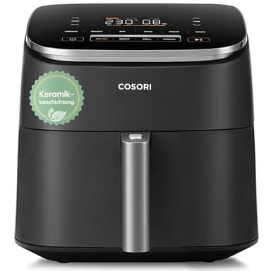 Cosori Turboblaze Airfryer, Heißluftfritteuse mit Keramikbeschichtung, 9-in-1 Air Fryer XXL 6L, leiser DC Motor mit 5 Geschwindigkeitsstufen, Backen, Gären, Dehydrieren, Tiefkühlen, 87 Rezepte