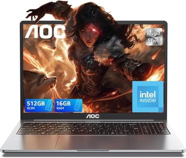 AOC 15,6 Zoll Laptop,N97, Up to 3.6 GHz, 16 GB DDR4, 512 GB SSD (Supports Extension 2 TB), Notebook Computer, Metal Housing, 180° Rotation, HDMI, WiFi
