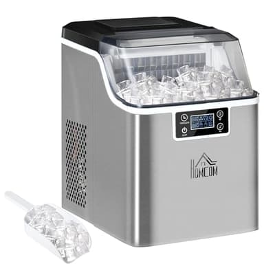 HOMCOM Eiswürfelmaschine, Ice Maker Edelstahl 24 Eiswürfel in 14-18 Min., 20kg/24h, 3,2L Wassertank, Selbstreinigend Eiswürfelbereiter mit 2 Arten der Wasserbefüllung, für Küche, Büro, Party, Silber