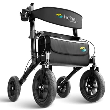 Helavo Rollator mit Luftbereifung für Draußen - Rollator Faltbar und Leicht mit Sitz, Aluminium Outdoor Walker - Rollator Leicht Klappbar für Außenbereich