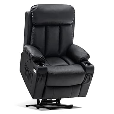 M MCombo Fernsehsessel mit Aufstehhilfe Elektrisch, Kontaktfläche aus Rindsleder, Relaxsessel mit Liegefunktion, TV Sessel mit Liegefunktion bis 140°, mit USB 7190 (Echtleder+Kunstleder, Schwarz)