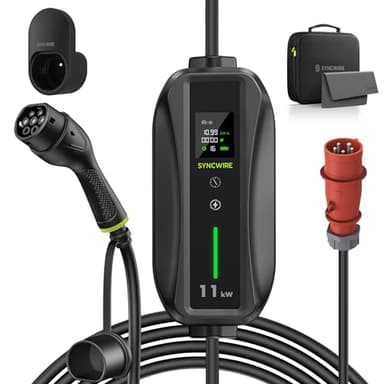 SYNCWIRE 11kW EV Ladegerät Typ 2-7.5m[3-phasig][6-16A] mit Einstellbarer Ladeleistung EV Ladekabel Typ 2 Schuko、Klarer LCD、IP65 wasserdichte Ladegerätbox、mit Kabelhalterung、Aufbewahrungstasche