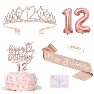 Deko 12 Geburtstag Mädchen, 12. Geburtstagskrone und Schärpe, Tortendeko und Kerzen, Roségold Folienballon 12, 12. Geschenk für Mädchen zum Geburtstag Party Deko Supplies