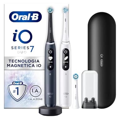 Oral-B iO 7 Duo Elektrische Zahnbürsten, Schwarz und Weiß, Drucksensor zum Schutz des Zahnfleischs, 2 Griffe, Zubehör, 2 runde Bürsten, 1 Ladegerät, 1 Reiseetui