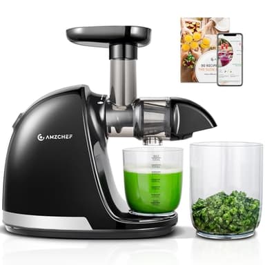 AMZCHEF Entsafter Gemüse und Obst Testsieger - Entsafter Slow Juicer mit Rückwärts-Kau-Funktion - Zartes Zerkleinern ohne Filtern - Saftpresse Elektrisch mit Bürste und 2 Tassen - Mattschwarz