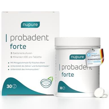 Nupure® Probadent Forte Mundgeruch Bekämpfen mit Mundmikrobiom-Lutschtabletten mit 3 Milchsäurebakterienstämmen, Vitamin D3 und Biotin, Pfefferminzgeschmack, zuckerfrei, 30 Lutschtabletten