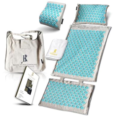 KENJUL Akupressurmatte XXL (6-teilig) mit ergonomischem Kissen & Wärmfunktion – Ganzkörpermassage zur Linderung von Verspannungen, Rücken- und Nackenschmerzen inkl. Tasche & Anleitung (Beige-Blau)