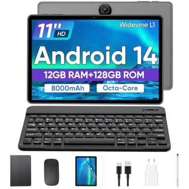 JIKOCXN Tablet 11 Zoll Android 14 Tablet mit Tastatur, 12GB RAM+128GB ROM+1TB Erweiterung, 1280x800 FHD Touchscreens, 8000mAh Akku, WLAN, Bluetooth 5.0, 5MP+8MP Dual Kamera, GPS (Schwarz)