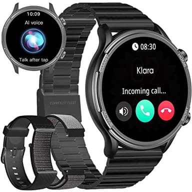 Android Smartwatch Herren Rund Metallarmband - Smartwatch Herren mit Telefonfunktion Whatsapp funktion Blutdruckmessung Schrittzähler Sprachassistenten-Funktion Fitness tracker mit 3 Uhrenarmbändern