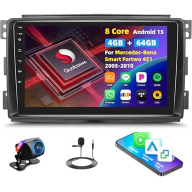 8 Core Qualcomm Android 15 4+64G Autoradio für Mercedes-Benz Smart Fortwo 451 2005-2010, 9 "Touchscreen Radio mit CarPlay Android Auto GPS WiFi FM/RDS DSP 3D Auto Modell Showcase+Rückfahrkamera