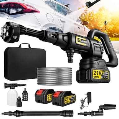 Akku Hochdruckreiniger, Gisam Pressure Washer, Druckreiniger Mobiler mit 2x4.0Ah Batterien, 3-Gang-Modus Max 65Bar, 6-in-1-Düse, 180° Drehbare Düse, Schaumsprüher, 5M Schlauch | Reinigung Bewässerung