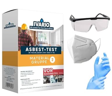 IVARIO Asbest-Test für Dachpappe, Fugenmasse, Farbe, Ausgleichsmasse, Fliesenkleber, Gussasphalt, Putz uvm. + Probenahme-Asbest-Schutz-Set. Größe M