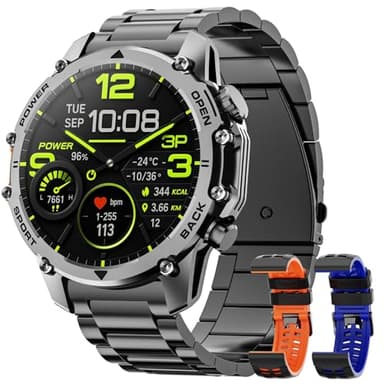 Smartwatch Herren,1.52" HD Smart Watch mit 500mAh Lange Akkulaufzeit, 114+ Sportmodi Militärischer Stil Fitnessuhr mit Herzfrequenz/Schrittzähler/Schlafmonitor/Taschenlampe Android iOS Mens Watches