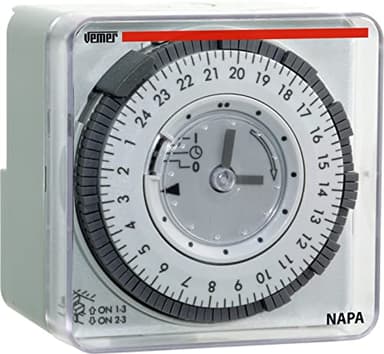 VEMER VP884100 NAPA D Elektromechanisch Zeitschaltuhr mit Steckreitern mit Tagesprogrammierung, Schalttafel, Wand-oder DIN-Schienenmontage, Weiß/grau