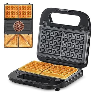 Multifunktionsgerät 3-in-1 [Sandwichmaker, Waffeleisen, Kontaktgrill], Antihaftbeschichtete abnehmbare Platten, 750W, LED-Anzeigen, BPA frei, Schwarz