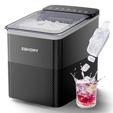 EUHOMY Eiswürfelmaschine, Kompaktes Design, Ein-Knopf-Einstellung, 9 Eiswürfel in 2 Größen, Automatische Reinigung, Intelligente Warnungen, transparenter Deckel, schwarz, für Büro/Küche/Schlafzimme