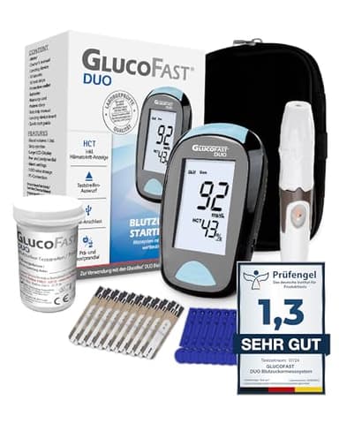 GLUCOFAST Duo Blutzuckermessgerät Starter-Set – inkl. 10 Teststreifen & Lanzetten | Diabetes Messgerät für mg/dl Messung | Präzise & einfach anzuwenden