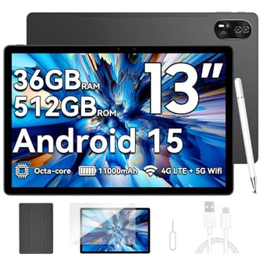 Blackview 13 Zoll Tablet MEGA8 Android 15,36GB RAM+512GB ROM,90Hz 2K FHD Großes Display,Gaming Tablet PC,Octa Core T620,50MP+13MP Dual AI Camera,11000mAh Akuu,4G LTE+5G WiFi/GPS/WideVine L1/Face ID